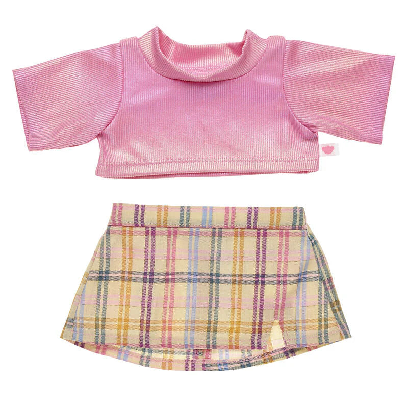 2 pc. Pink Top and Plaid Skirt Outfit